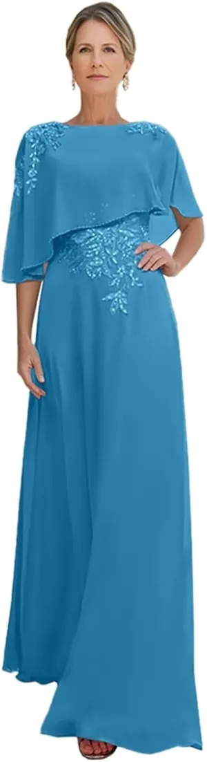 Chiffon Mother of The Bride Dresses for Women Round Neck Lace Applique Wedding Guest Dress
