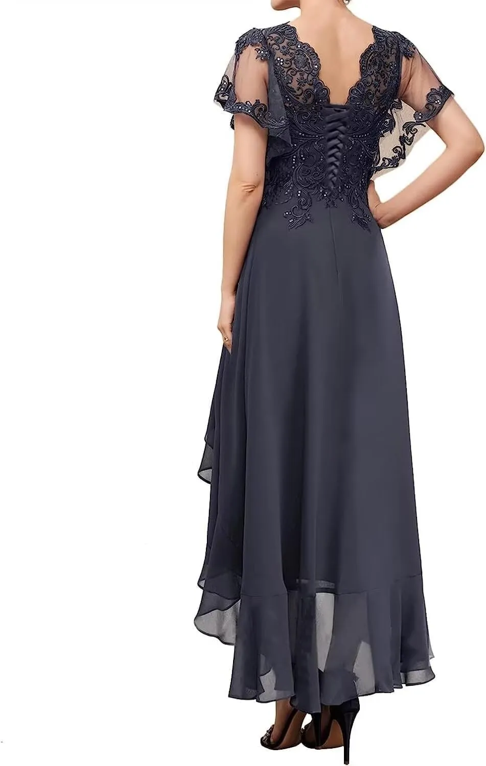 Chiffon Mother of The Bride Dresses Tea Length Ruffle Sleeves Lace Applique Formal Dresses for Women Evening Party