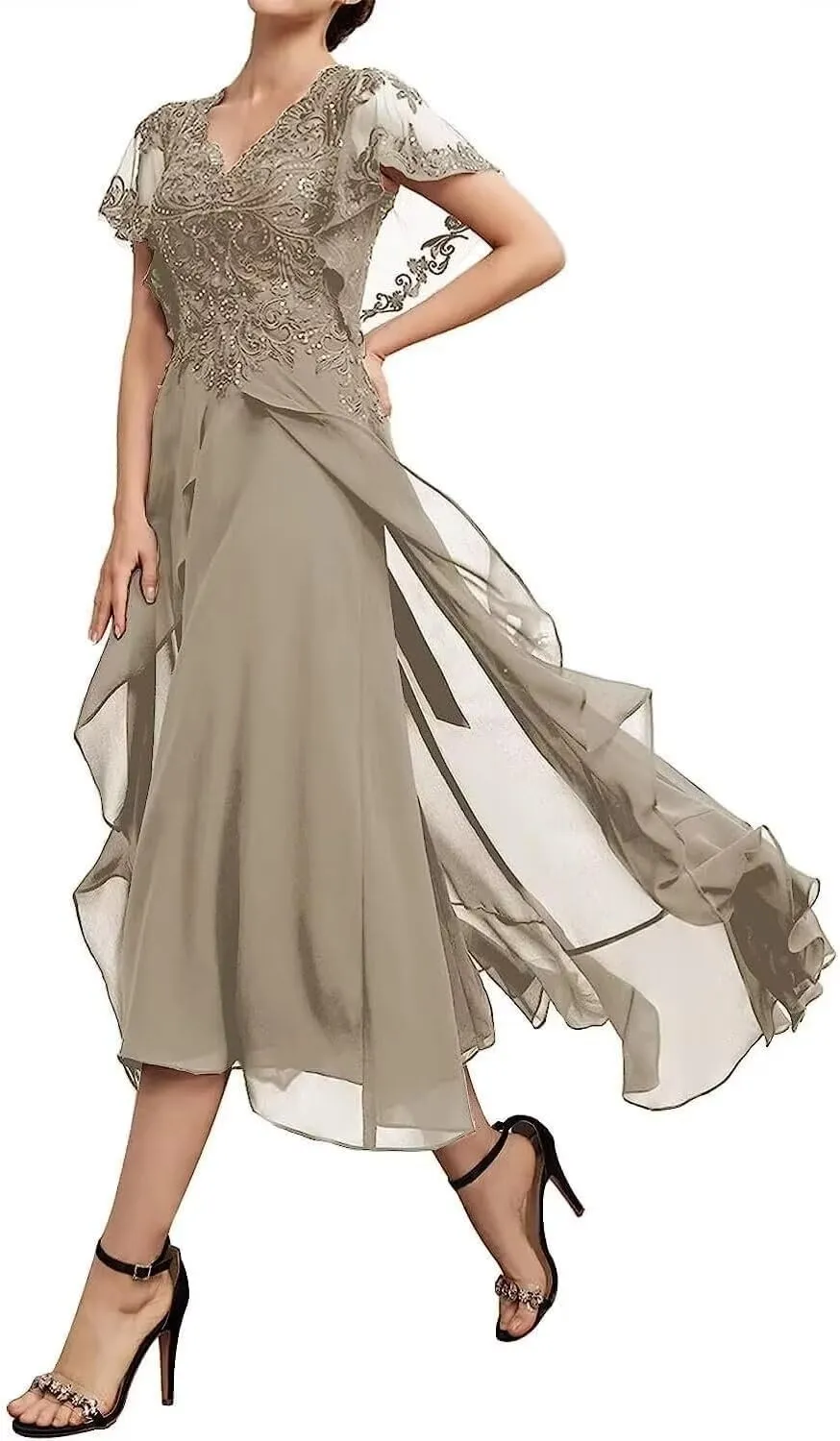 Chiffon Mother of The Bride Dresses Tea Length Ruffle Sleeves Lace Applique Formal Dresses for Women Evening Party