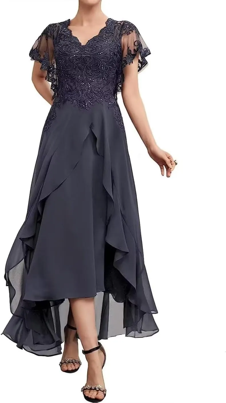 Chiffon Mother of The Bride Dresses Tea Length Ruffle Sleeves Lace Applique Formal Dresses for Women Evening Party