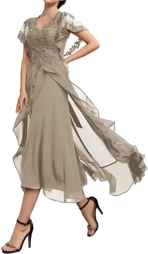 Chiffon Mother of The Bride Dresses Tea Length Ruffle Sleeves Lace Applique Formal Dresses for Women Evening Party