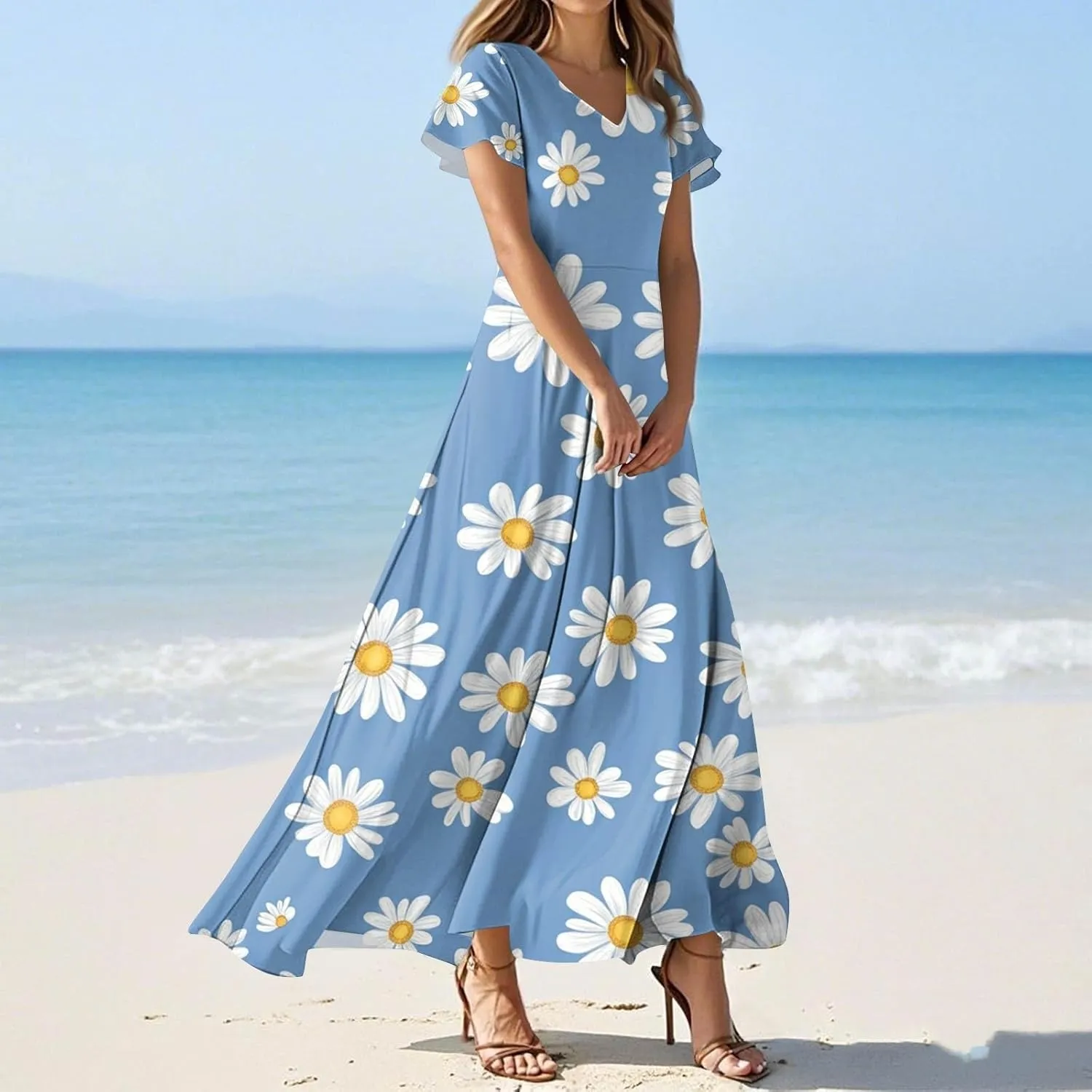 Church Dresses for Women 2025 Summer Elegant Classy Flowy Ruffle Swing V Neck A Line Dress Casual Boho Long Sundress