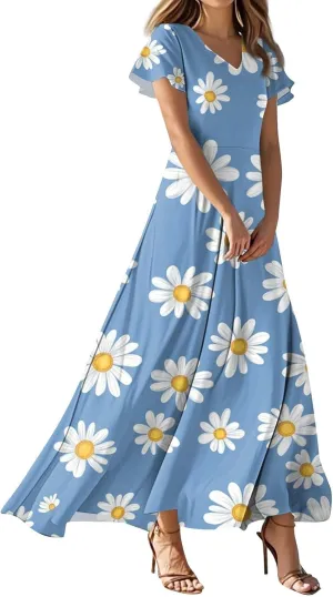 Church Dresses for Women 2025 Summer Elegant Classy Flowy Ruffle Swing V Neck A Line Dress Casual Boho Long Sundress