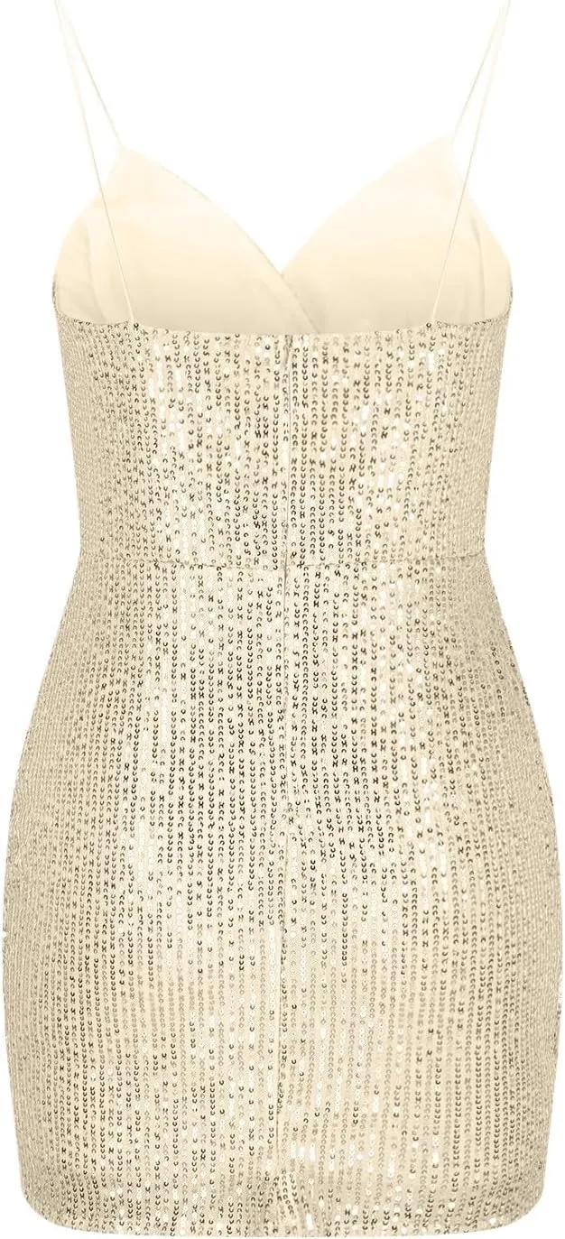 Cocktail Dresses for Women Sexy Deep V Spaghetti Straps Sequins Mini Dress Cross Pleated Backless Party Gown