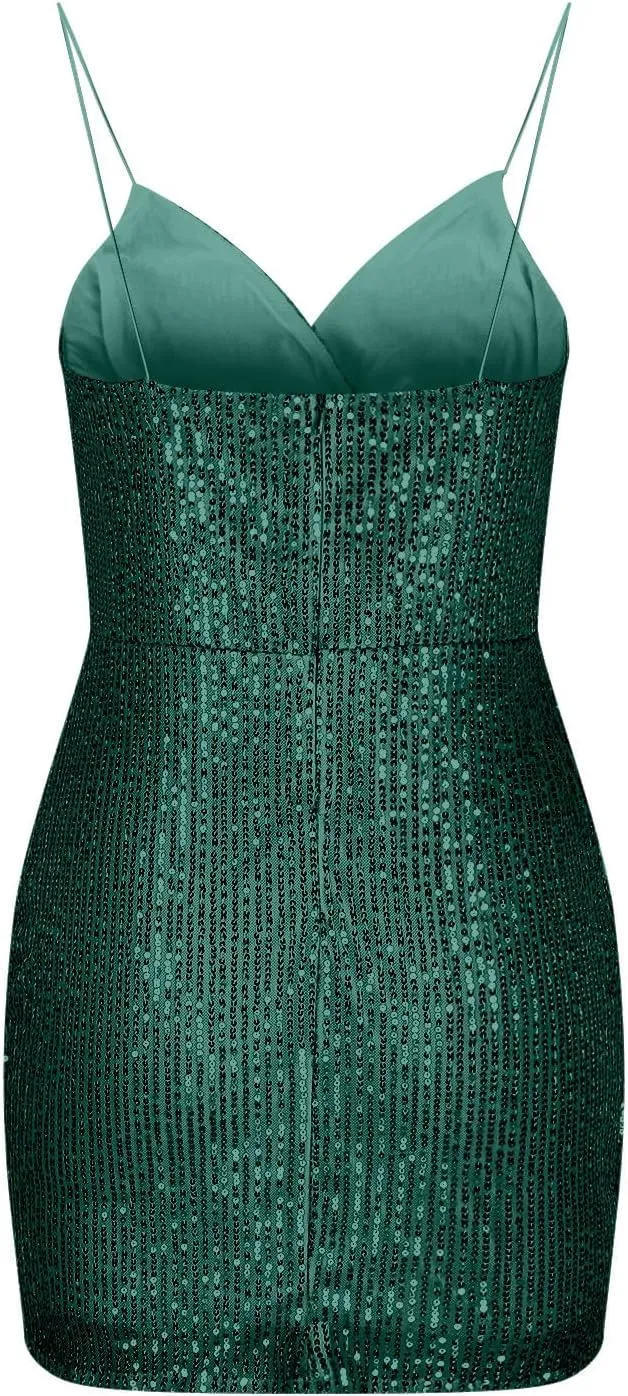 Cocktail Dresses for Women Sexy Deep V Spaghetti Straps Sequins Mini Dress Cross Pleated Backless Party Gown