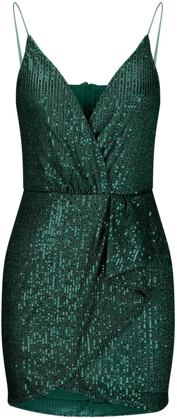 Cocktail Dresses for Women Sexy Deep V Spaghetti Straps Sequins Mini Dress Cross Pleated Backless Party Gown