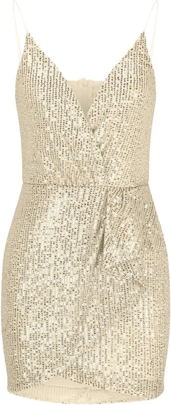Cocktail Dresses for Women Sexy Deep V Spaghetti Straps Sequins Mini Dress Cross Pleated Backless Party Gown