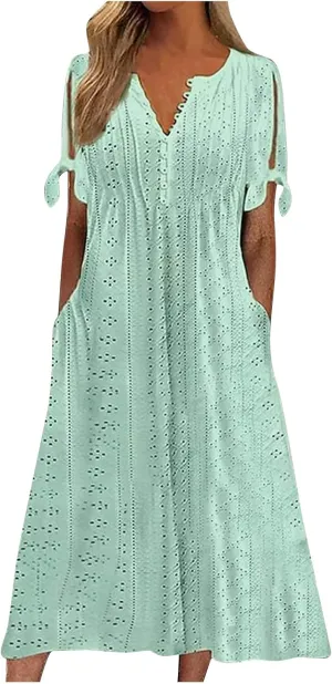 Cold Shoulder Midi Dresses for Women 2025,Trendy Plus Size Button Up Short Sleeve Summer Sexy V Neck Eyelet Dress