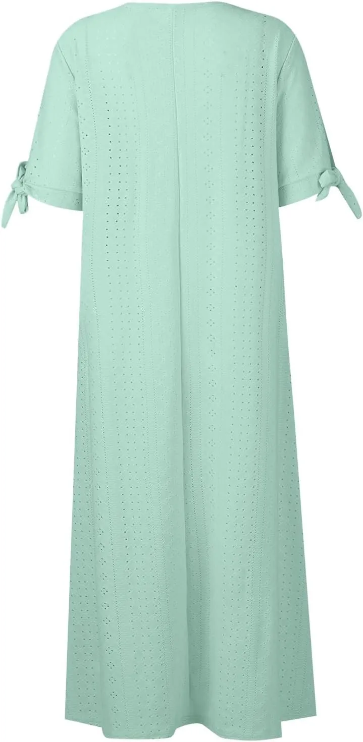 Cold Shoulder Midi Dresses for Women 2025,Trendy Plus Size Button Up Short Sleeve Summer Sexy V Neck Eyelet Dress