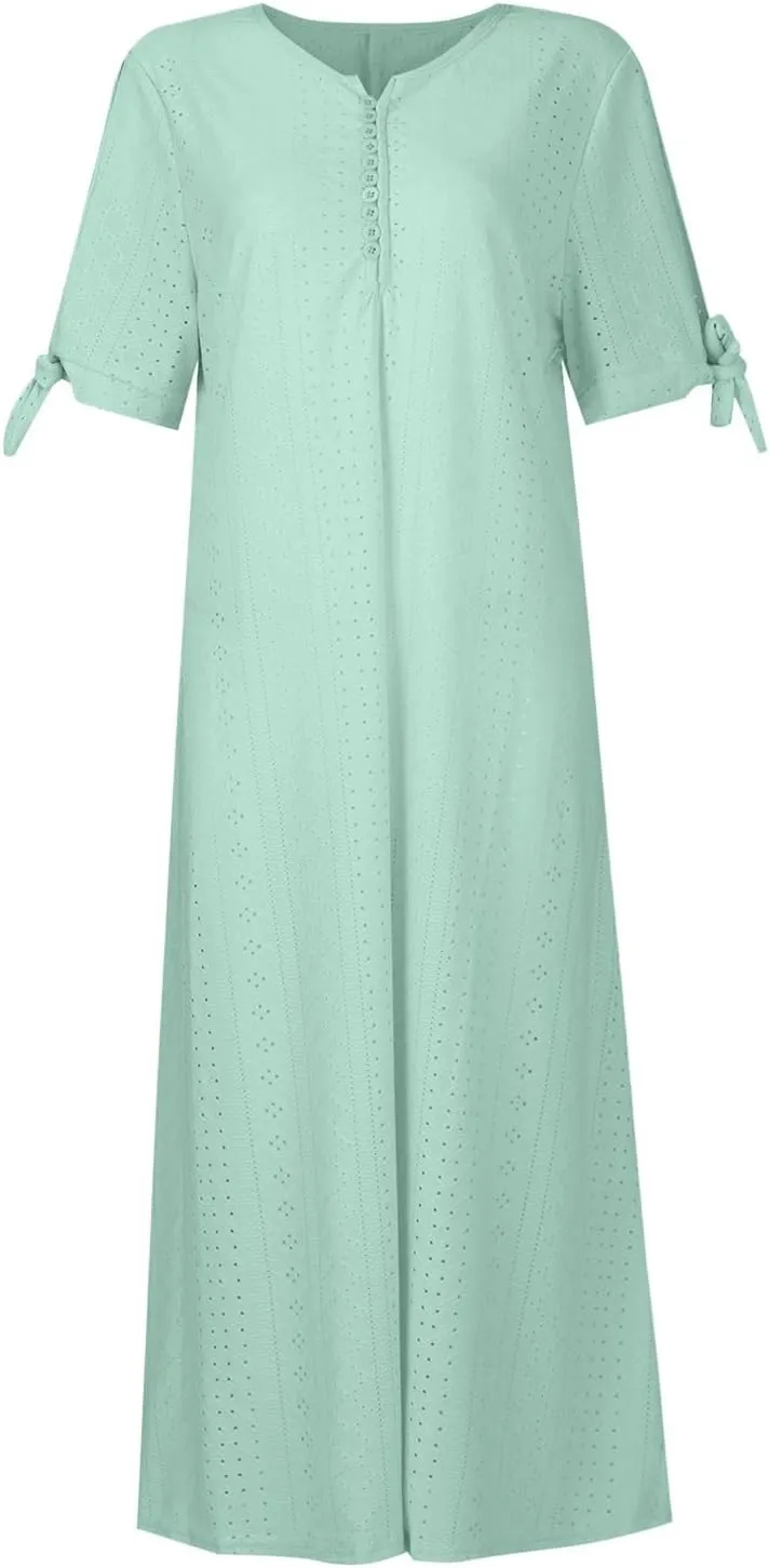 Cold Shoulder Midi Dresses for Women 2025,Trendy Plus Size Button Up Short Sleeve Summer Sexy V Neck Eyelet Dress