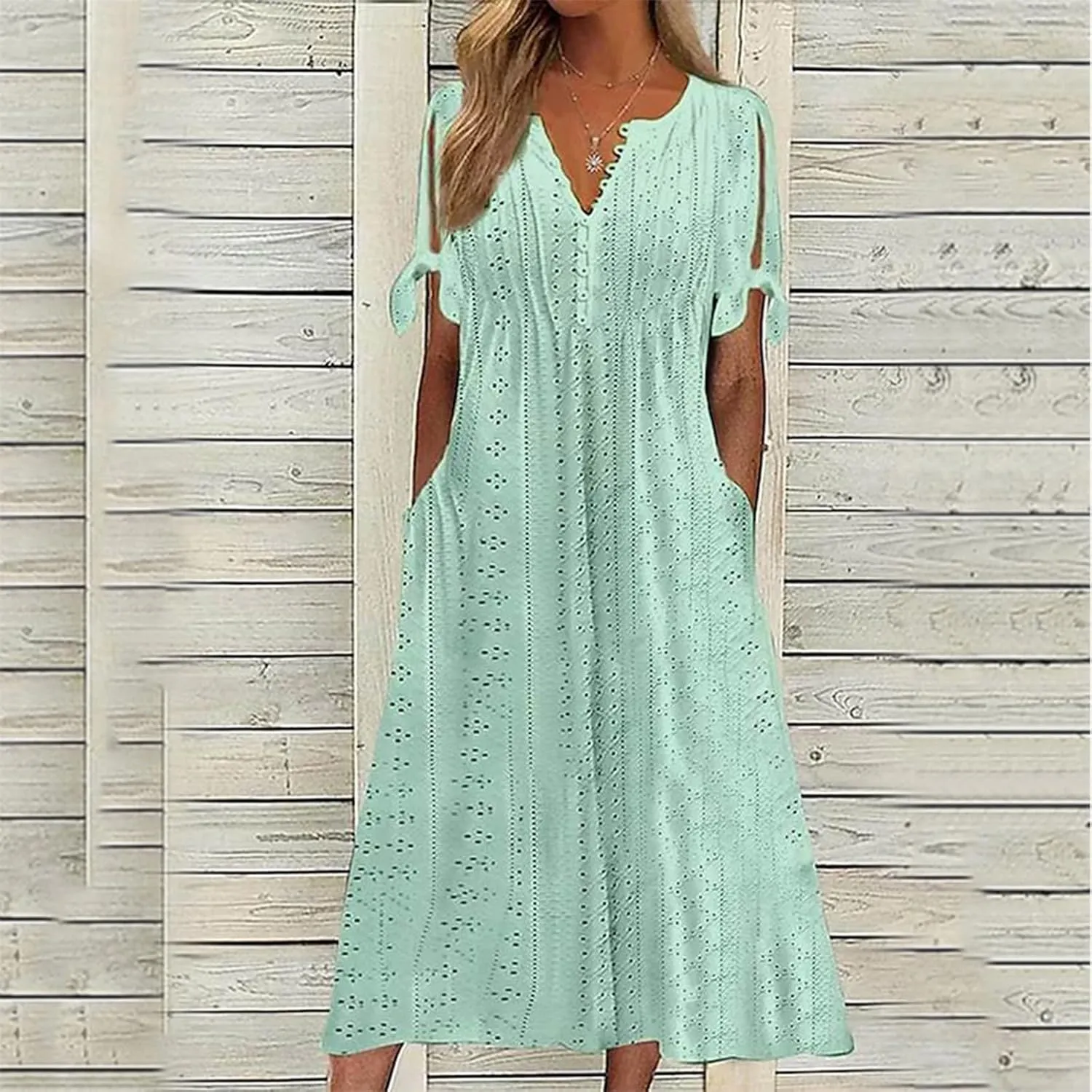 Cold Shoulder Midi Dresses for Women 2025,Trendy Plus Size Button Up Short Sleeve Summer Sexy V Neck Eyelet Dress