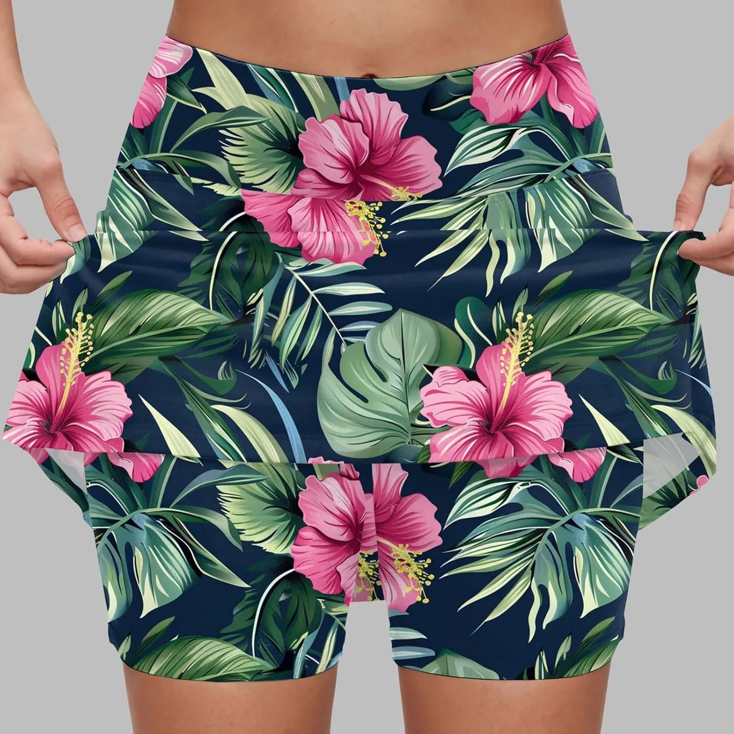 cooki Women's Athletic Skorts Lightweight Golf Skirts Inner Shorts Summer High Waisted Stretchy Floral Print Tennis Skort