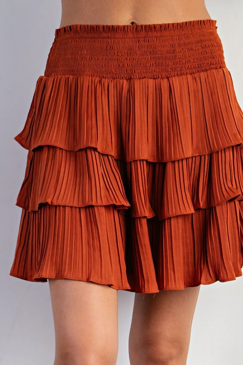 Copper Tiered Ruffle Mini Satin Skirt