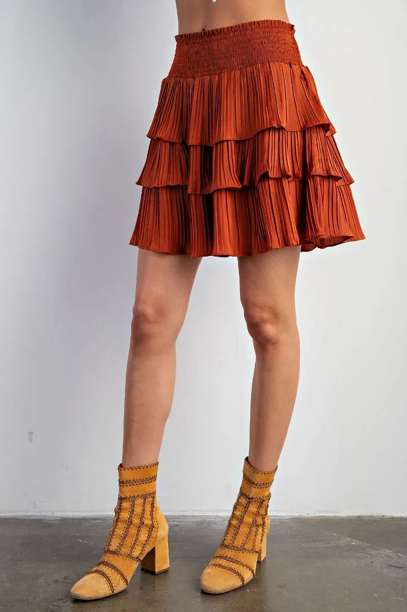 Copper Tiered Ruffle Mini Satin Skirt