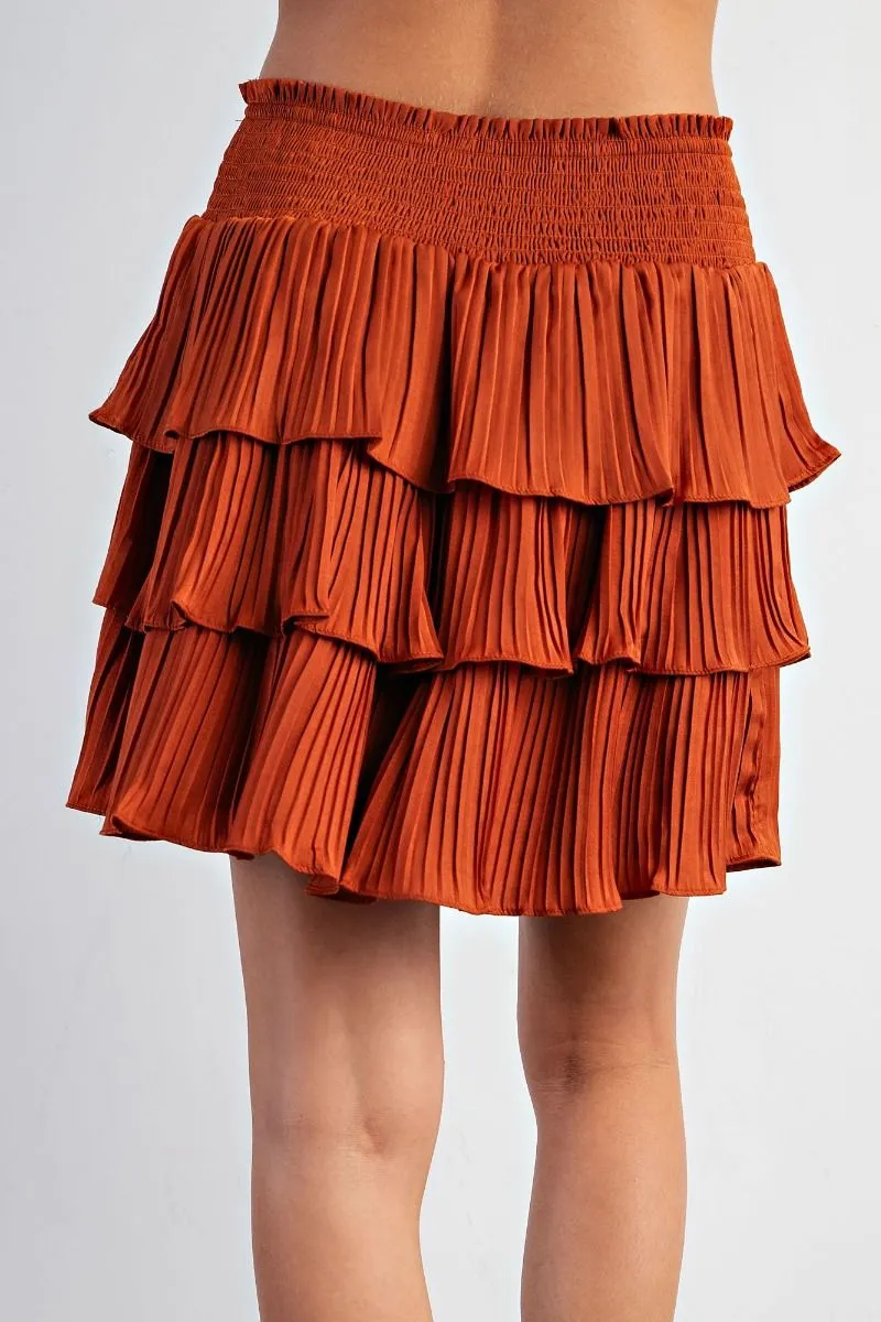 Copper Tiered Ruffle Mini Satin Skirt