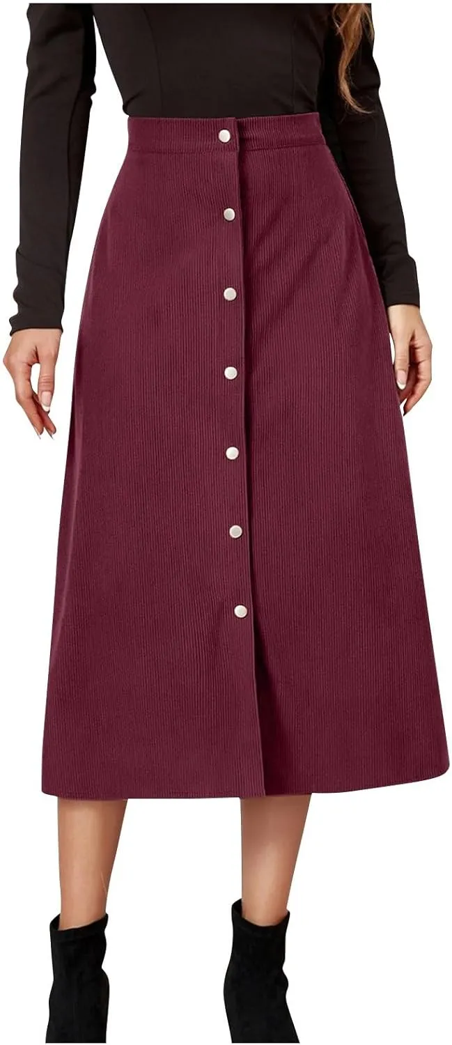 Corduroy Skirt Women High Waisted Suede Skirts Button Down A Line Midi Skirt Fall Winter Business Casual Long Skirts
