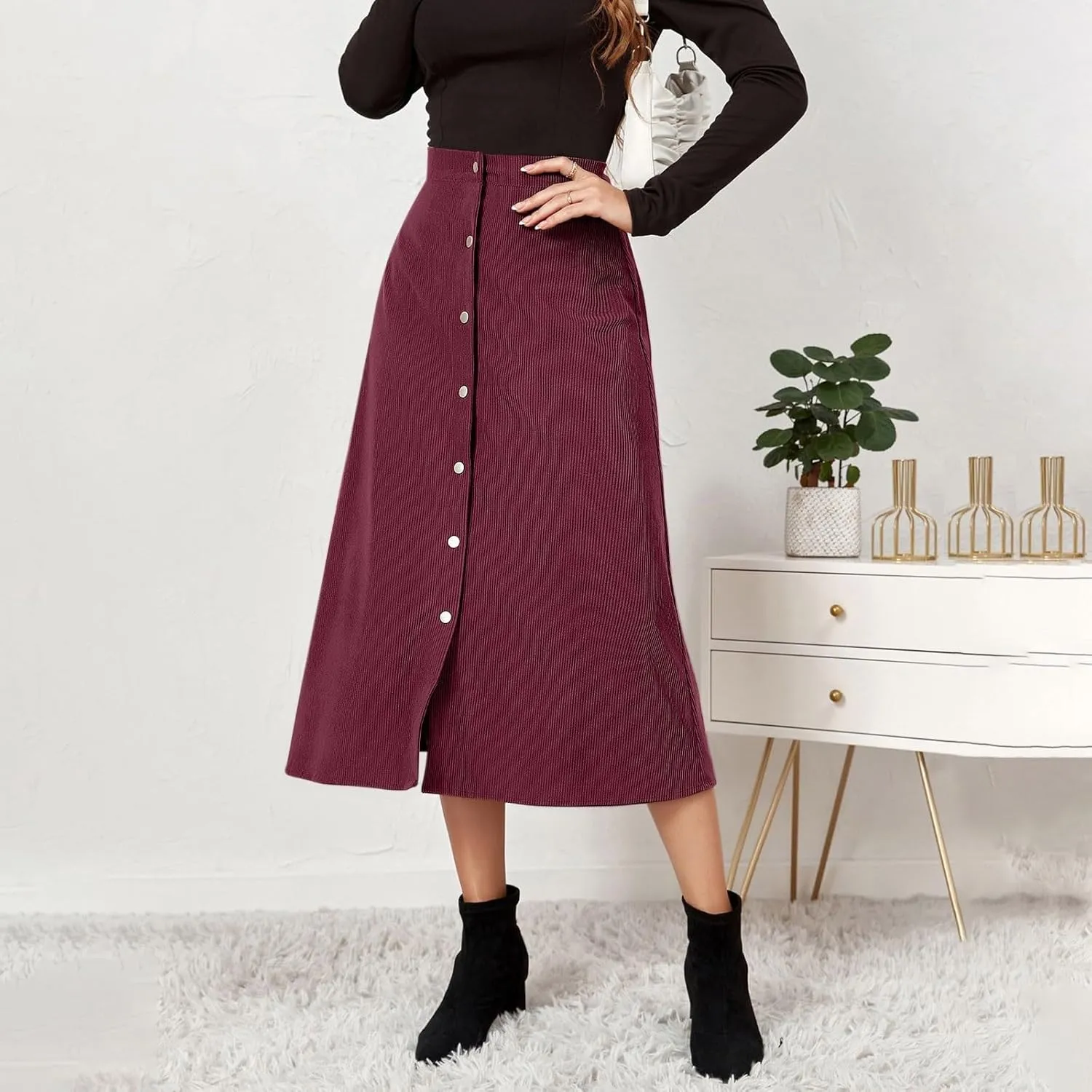 Corduroy Skirt Women High Waisted Suede Skirts Button Down A Line Midi Skirt Fall Winter Business Casual Long Skirts