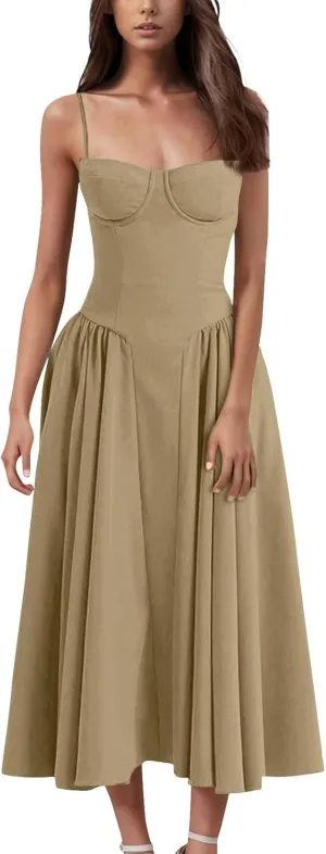 Corset Dress for Women Spaghetti Strap Bustier Midi Party Dresses 2025 Pleated Hem Low Cut Prom Dress with Pockets