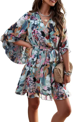 COTECRAM Summer Dresses for Women 2025 Vacation Casual V Neck Ruffle Boho Floral Chiffon Dress Cute Mini Short Dress Sundress