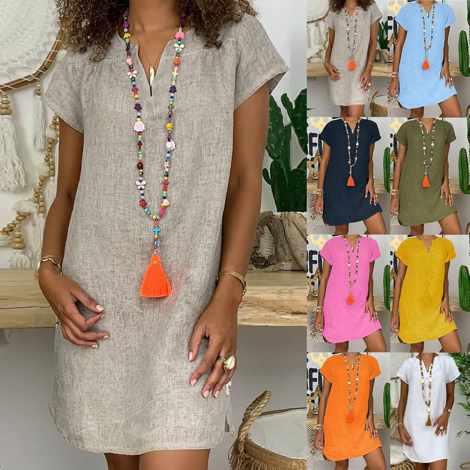 Cotton Dresses for Women 2025 Cap Sleeve Comfy Linen Dress Summer V Neck Beach Vacation Travel Dresses Clothes