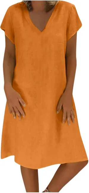 Cotton Linen Dress for Women Casual Cap Sleeve V Neck Midi Dresses Plus Size Solid Party Sundress Vacation Beach Prom