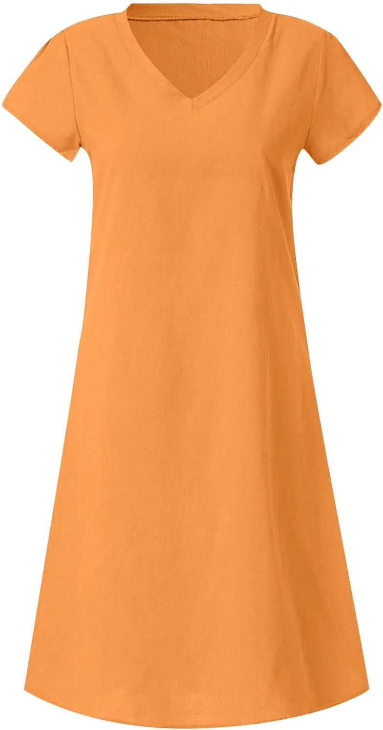 Cotton Linen Dress for Women Casual Cap Sleeve V Neck Midi Dresses Plus Size Solid Party Sundress Vacation Beach Prom