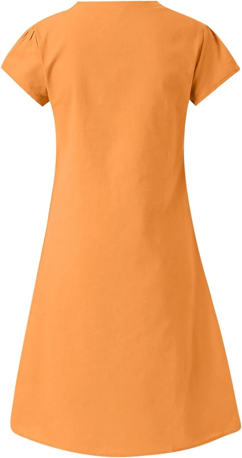 Cotton Linen Dress for Women Casual Cap Sleeve V Neck Midi Dresses Plus Size Solid Party Sundress Vacation Beach Prom