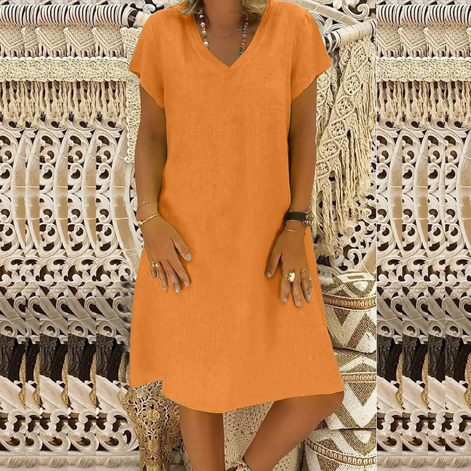 Cotton Linen Dress for Women Casual Cap Sleeve V Neck Midi Dresses Plus Size Solid Party Sundress Vacation Beach Prom