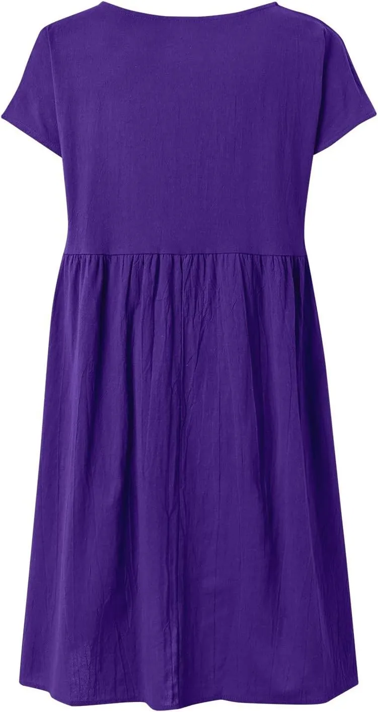 Cotton Linen Dress for Women Summer Trendy Short Sleeve Crew Neck Sexy Plus Size Loose Vacation Dress with Pocket