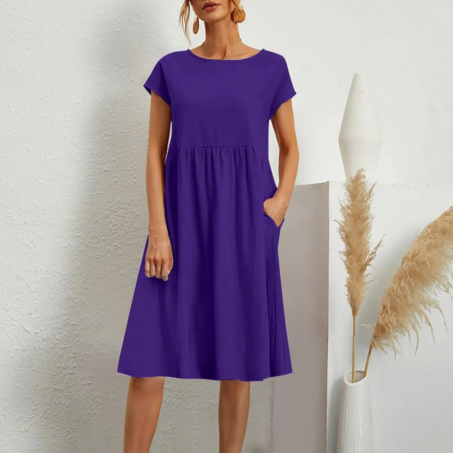 Cotton Linen Dress for Women Summer Trendy Short Sleeve Crew Neck Sexy Plus Size Loose Vacation Dress with Pocket