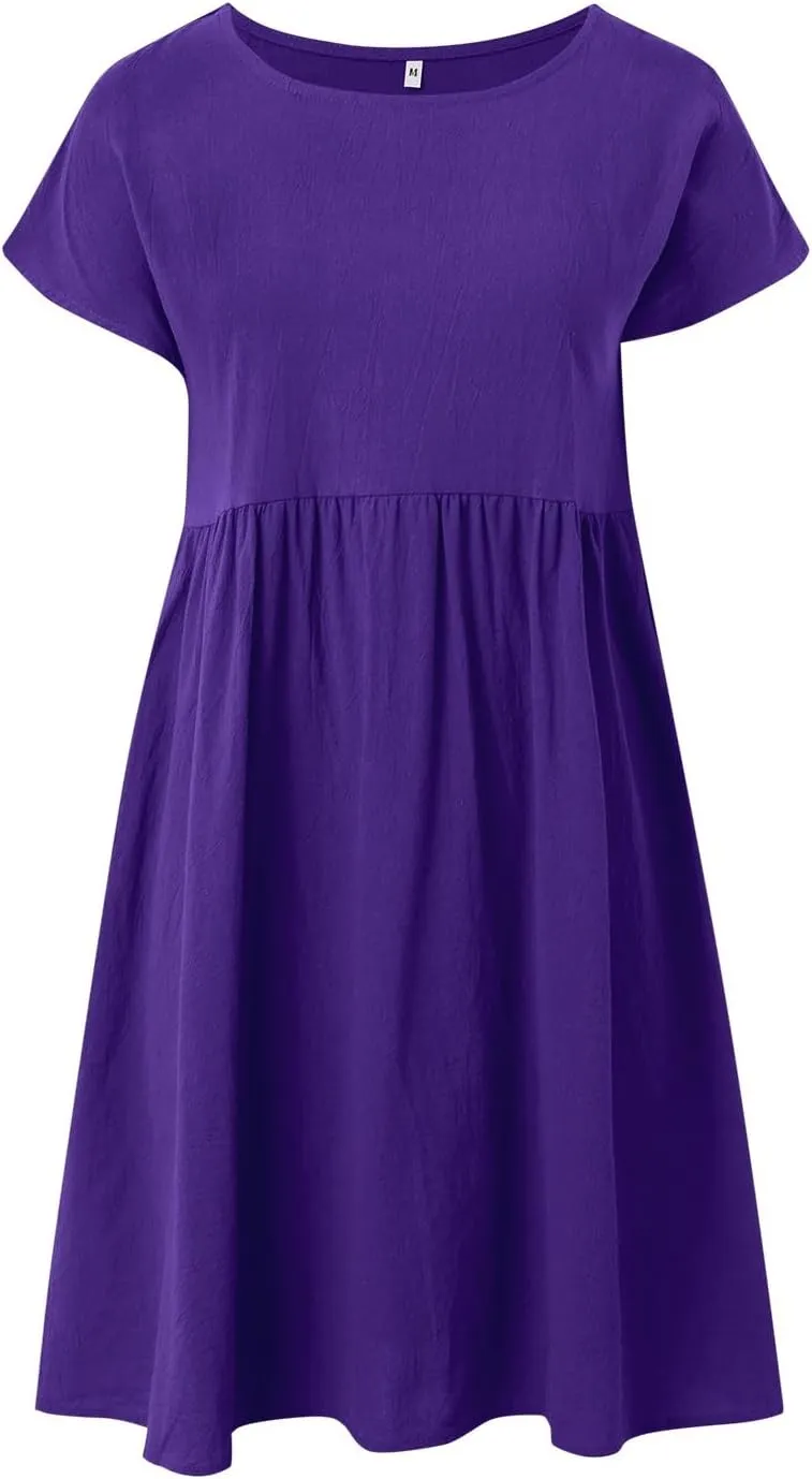 Cotton Linen Dress for Women Summer Trendy Short Sleeve Crew Neck Sexy Plus Size Loose Vacation Dress with Pocket