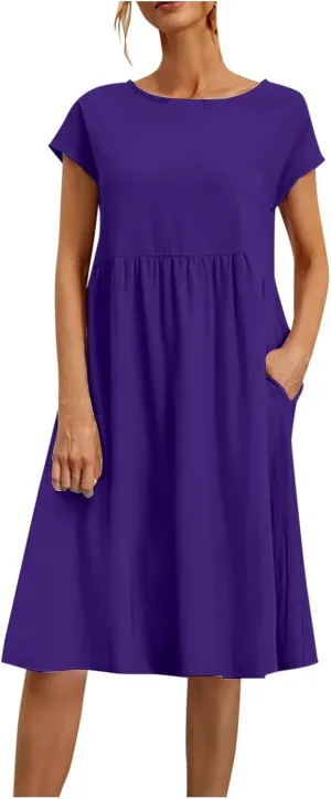 Cotton Linen Dress for Women Summer Trendy Short Sleeve Crew Neck Sexy Plus Size Loose Vacation Dress with Pocket