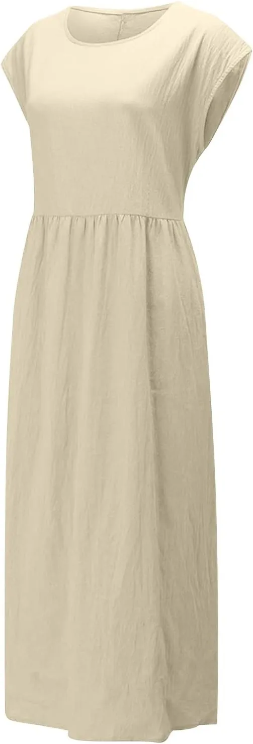 Cotton Linen Dresses for Women 2025 Summer Short Sleeve Crew Neck Midi Dress Casual Loose Comfy Plus Size Beach Dress
