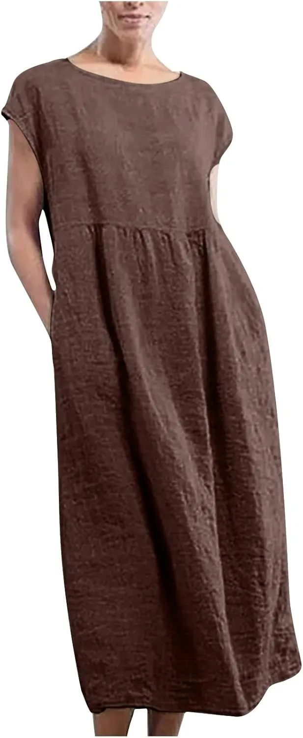 Cotton Linen Dresses for Women 2025 Summer Short Sleeve Crew Neck Midi Dress Casual Loose Comfy Plus Size Beach Dress