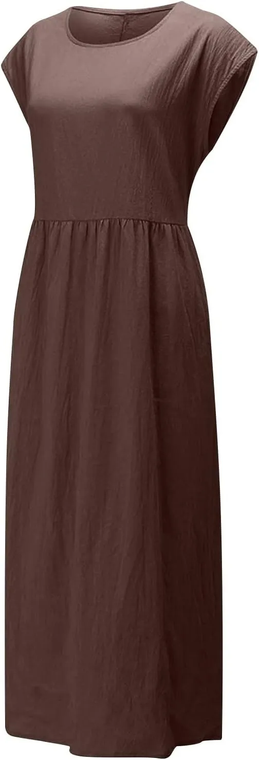 Cotton Linen Dresses for Women 2025 Summer Short Sleeve Crew Neck Midi Dress Casual Loose Comfy Plus Size Beach Dress