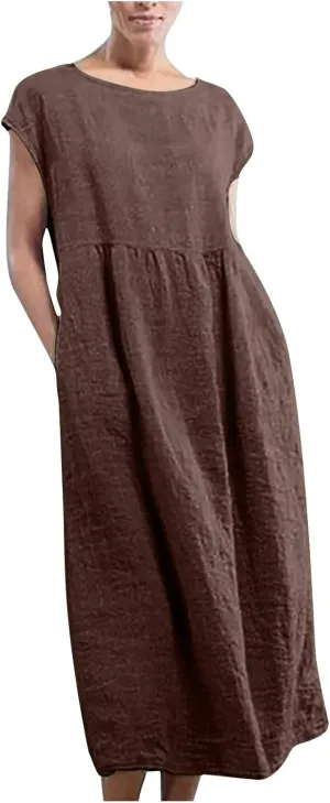 Cotton Linen Dresses for Women 2025 Summer Short Sleeve Crew Neck Midi Dress Casual Loose Comfy Plus Size Beach Dress