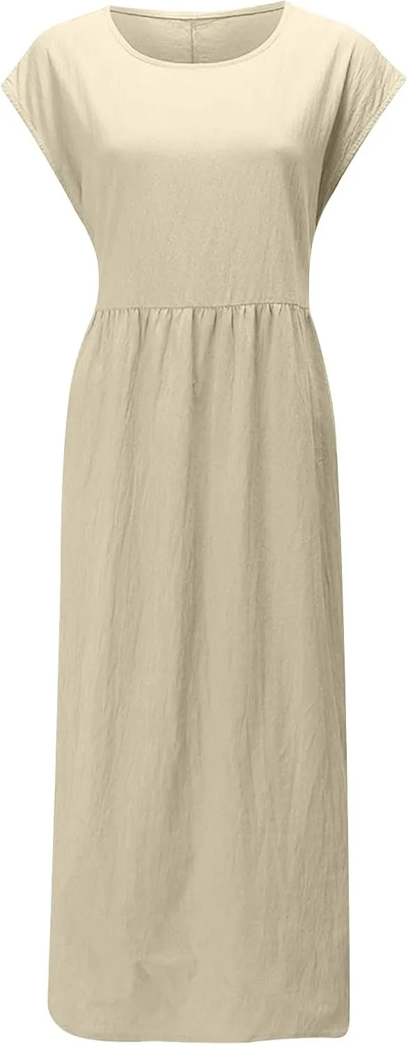 Cotton Linen Dresses for Women 2025 Summer Short Sleeve Crew Neck Midi Dress Casual Loose Comfy Plus Size Beach Dress