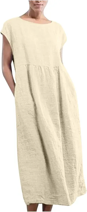 Cotton Linen Dresses for Women 2025 Summer Short Sleeve Crew Neck Midi Dress Casual Loose Comfy Plus Size Beach Dress