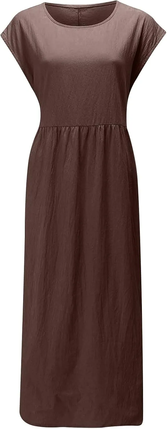 Cotton Linen Dresses for Women 2025 Summer Short Sleeve Crew Neck Midi Dress Casual Loose Comfy Plus Size Beach Dress