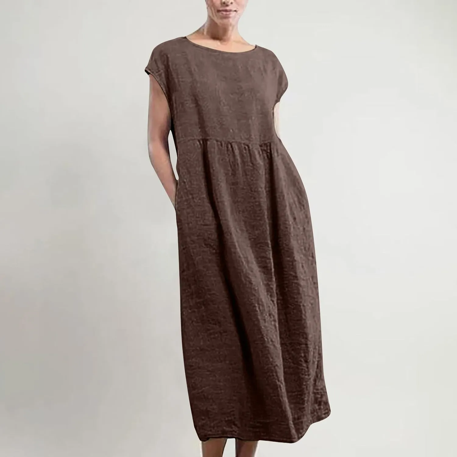 Cotton Linen Dresses for Women 2025 Summer Short Sleeve Crew Neck Midi Dress Casual Loose Comfy Plus Size Beach Dress