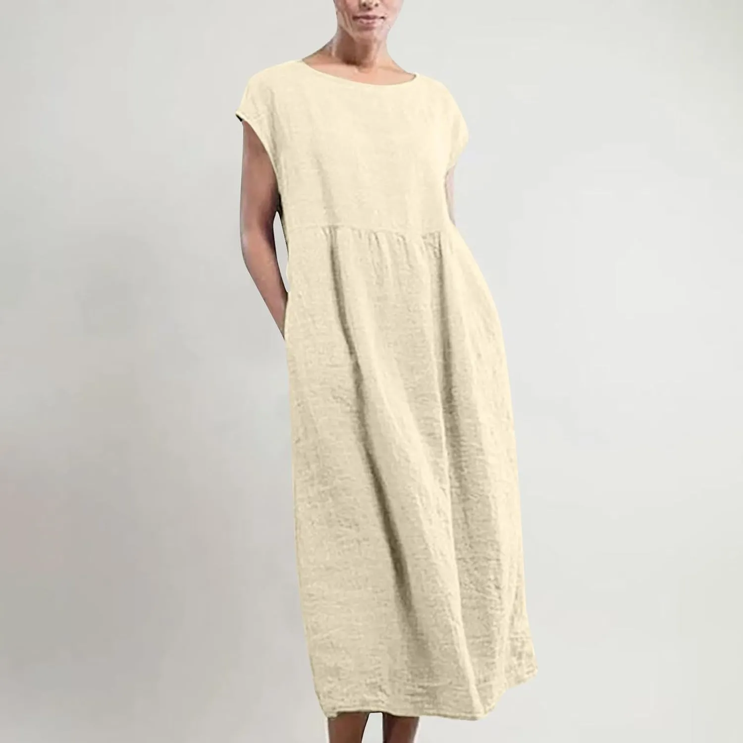 Cotton Linen Dresses for Women 2025 Summer Short Sleeve Crew Neck Midi Dress Casual Loose Comfy Plus Size Beach Dress