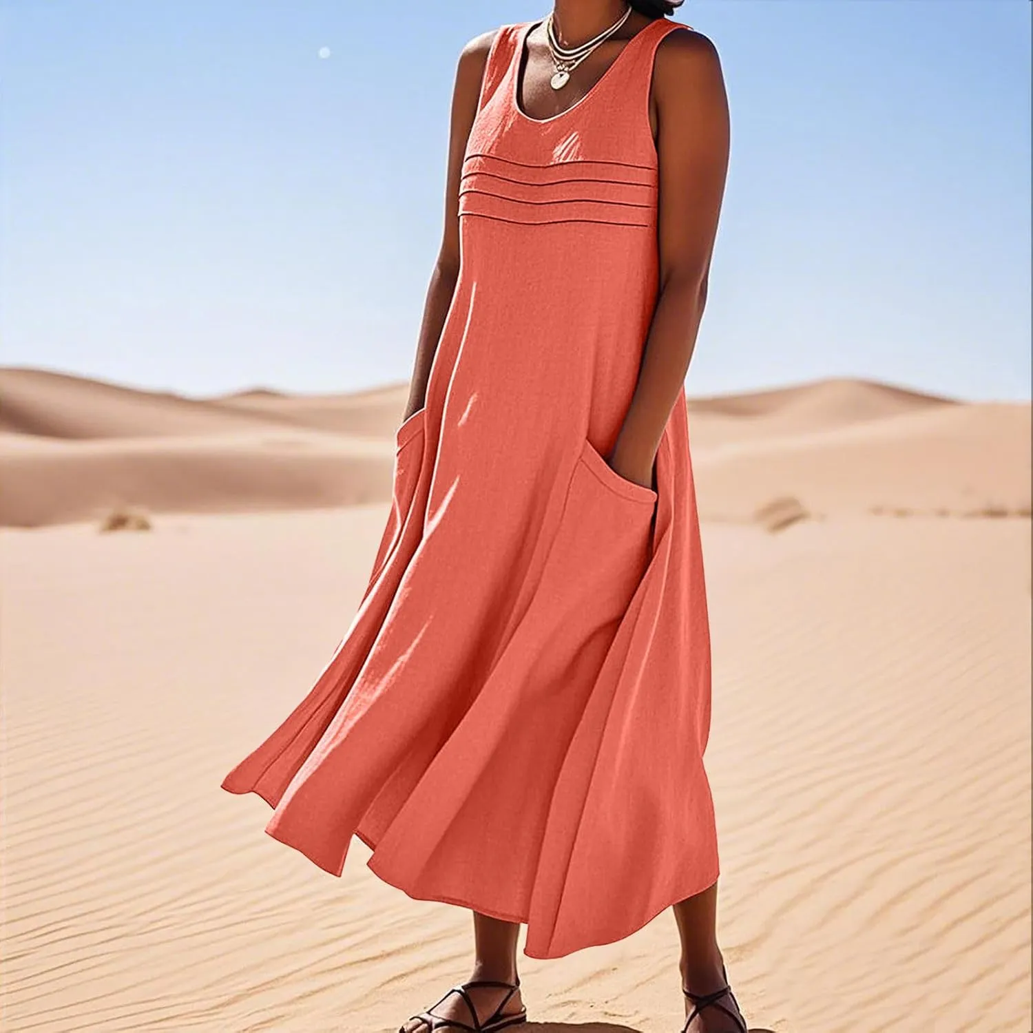 Cotton Linen Tank Dresses for Women Casual Summer Sleeveless Pleated Front Scoop Neck Flowy Midi Sundress with Pockets