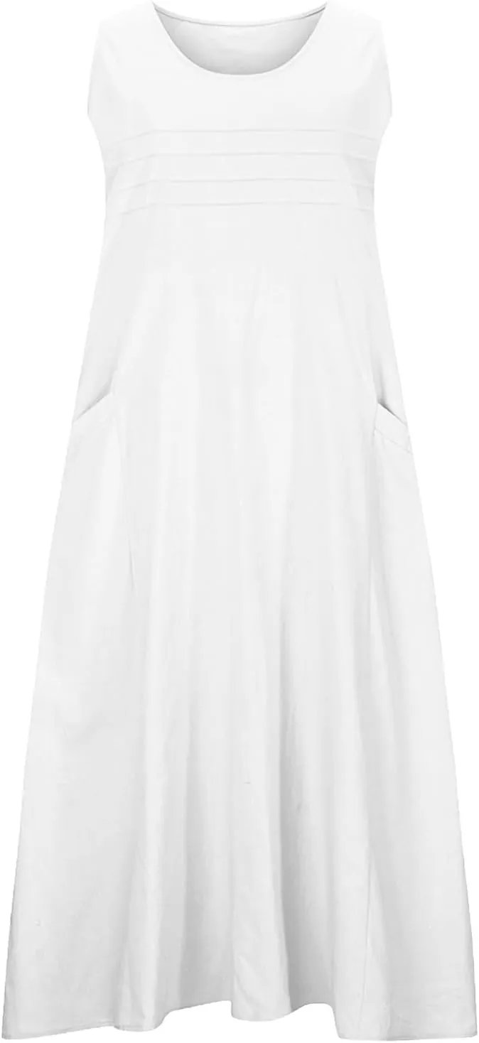Cotton Linen Tank Dresses for Women Casual Summer Sleeveless Pleated Front Scoop Neck Flowy Midi Sundress with Pockets