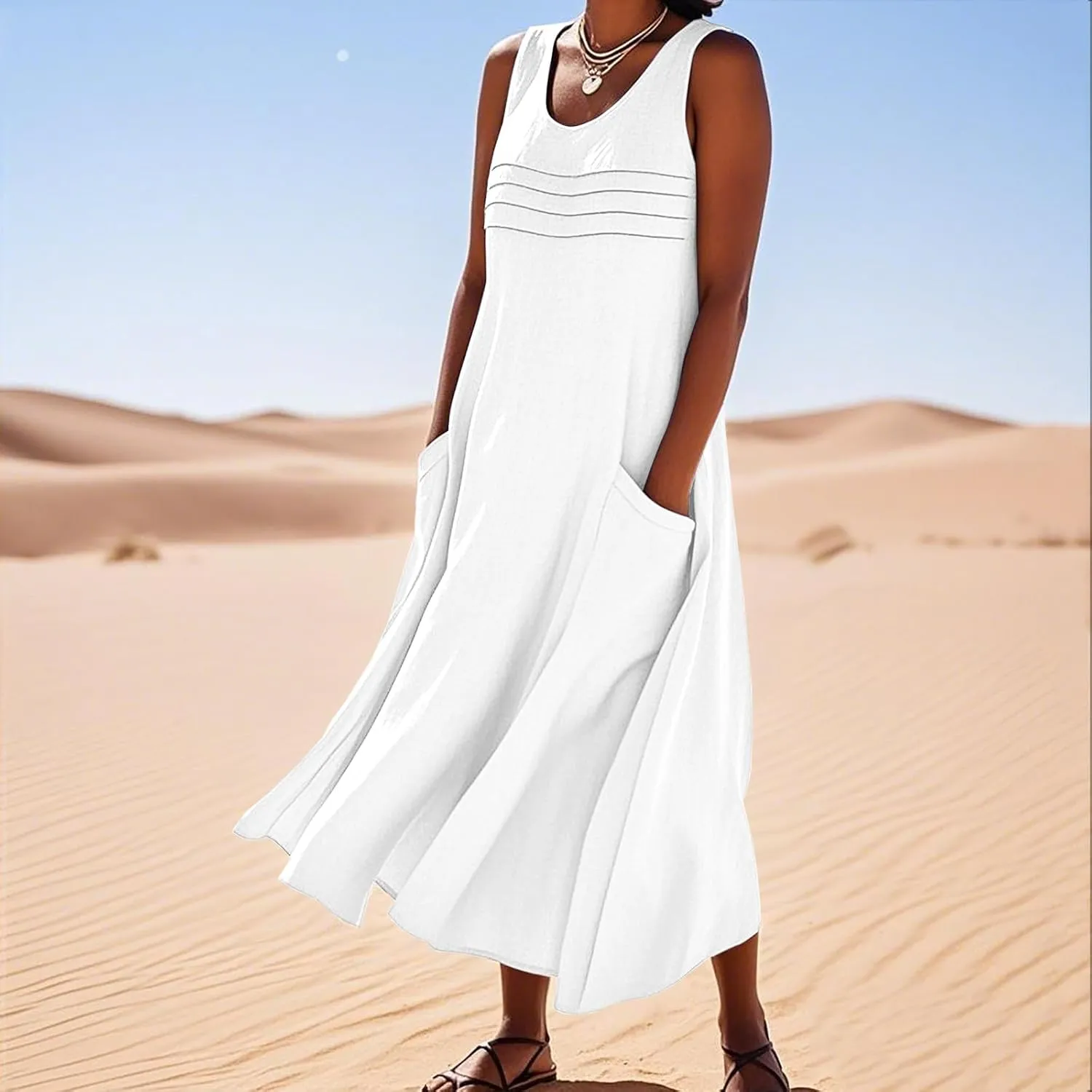 Cotton Linen Tank Dresses for Women Casual Summer Sleeveless Pleated Front Scoop Neck Flowy Midi Sundress with Pockets