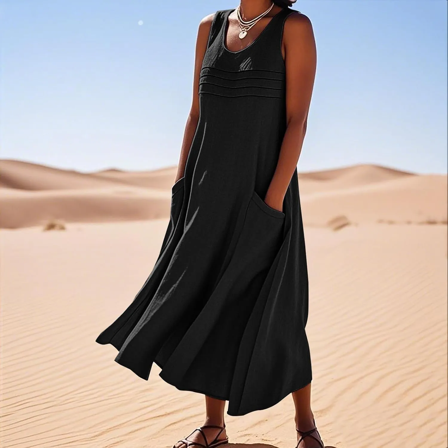 Cotton Linen Tank Dresses for Women Casual Summer Sleeveless Pleated Front Scoop Neck Flowy Midi Sundress with Pockets