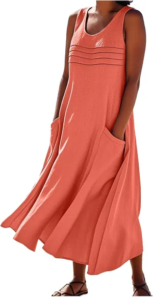 Cotton Linen Tank Dresses for Women Casual Summer Sleeveless Pleated Front Scoop Neck Flowy Midi Sundress with Pockets