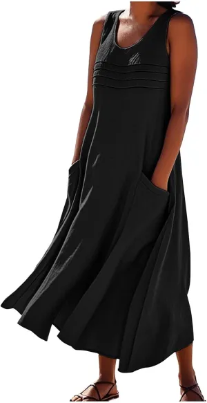 Cotton Linen Tank Dresses for Women Casual Summer Sleeveless Pleated Front Scoop Neck Flowy Midi Sundress with Pockets
