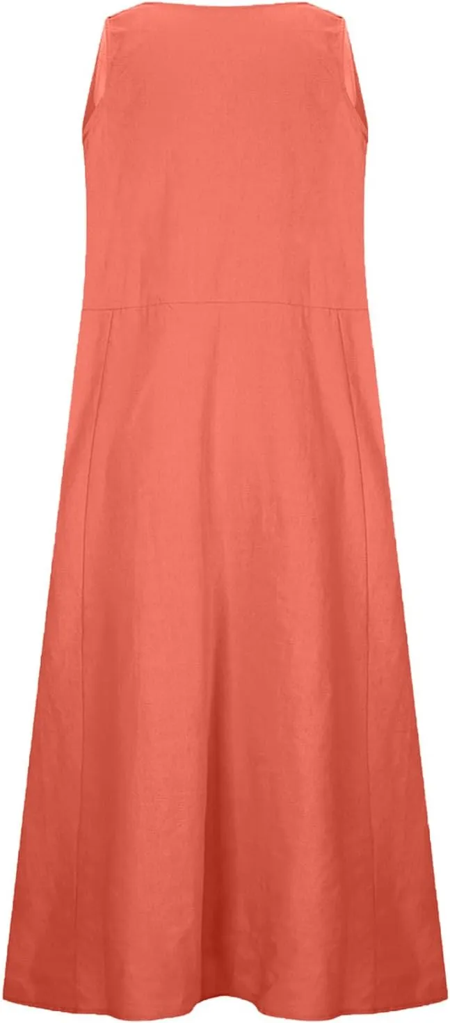 Cotton Linen Tank Dresses for Women Casual Summer Sleeveless Pleated Front Scoop Neck Flowy Midi Sundress with Pockets