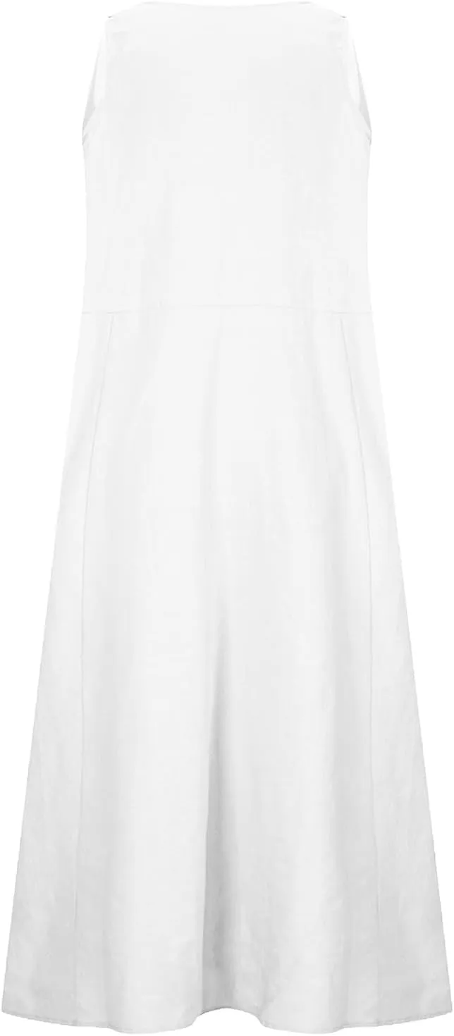 Cotton Linen Tank Dresses for Women Casual Summer Sleeveless Pleated Front Scoop Neck Flowy Midi Sundress with Pockets