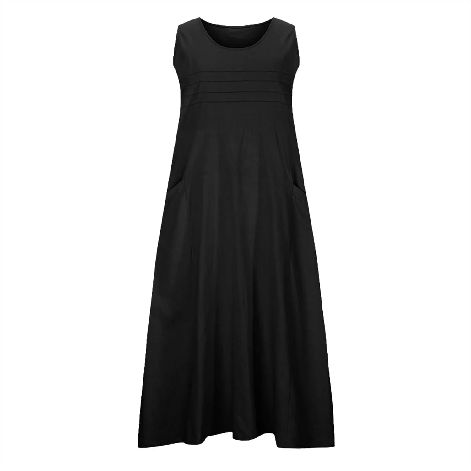 Cotton Linen Tank Dresses for Women Casual Summer Sleeveless Pleated Front Scoop Neck Flowy Midi Sundress with Pockets